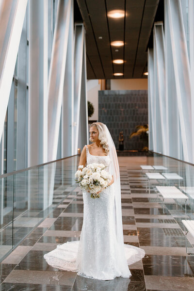 Bride and groom walk up memorial steps at their DC wedding