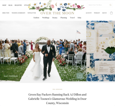 A newlywed couple walks down the aisle under a floral arch, with guests applauding. Wedding programs are displayed on the side.