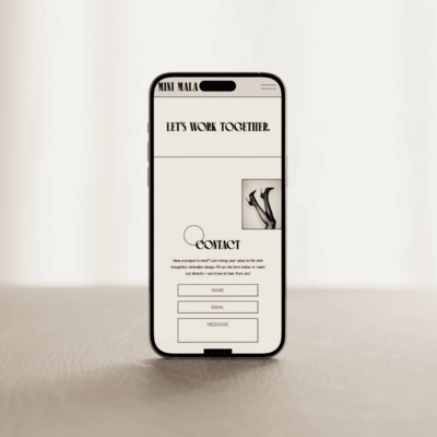 A mobile phone displays the MINI MALA contact page with the headline "Let's Work Together," a brief message, and a contact form with fields for name, email, and message.