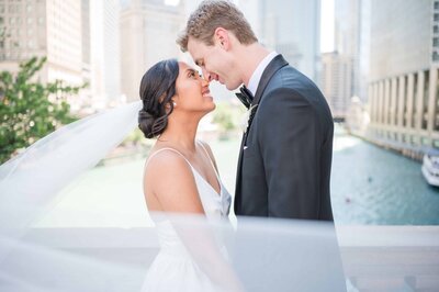 Romantic portrait of bride and groom in downtown Chicago.