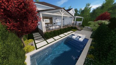 Custom deck with outdoor kitchen, spa, and entertainment space.