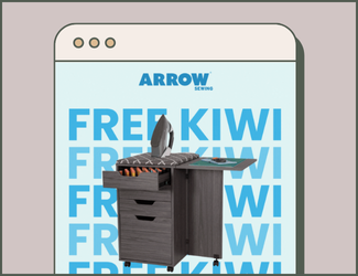 Email design featuring a playful March Madness-style bracket inviting readers to vote between two Arrow Sewing Chair patterns—Sewing Notions vs. Bright Buttons—using a live poll and vibrant, brand-inspired visuals.