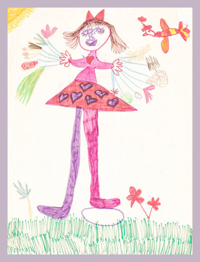 A child's drawing of a girl in a pink dress holding bouquets in a field of flowers. 