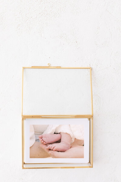 Flatlay photo of luxury frames and albums offered by Oklahoma City Newborn Photographer Courtney Cronin