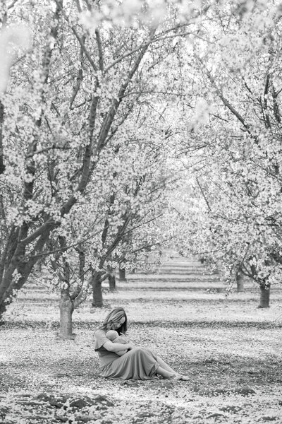 Mother with newborn in almond orchard