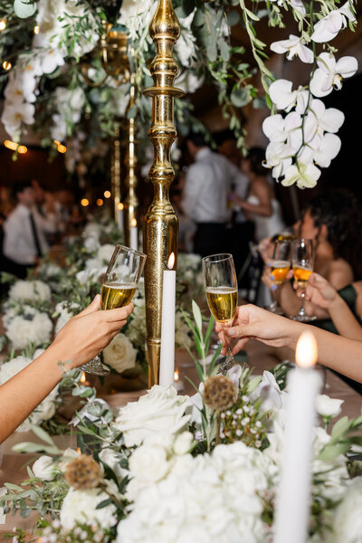 Wedding guests cheering and toasting at howey mansion wedding