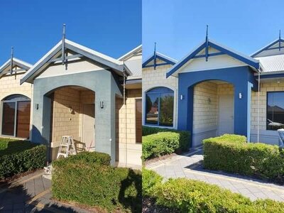 Before and after comparison showing the front façade repaint of a house in Atwell by New-Style Painting Service.