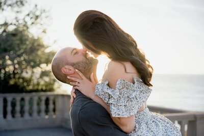 palos verdes golden hour engagement session neighborhood church, backlit sunset romantic photo