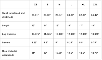 Everyday Shorts Size Chart