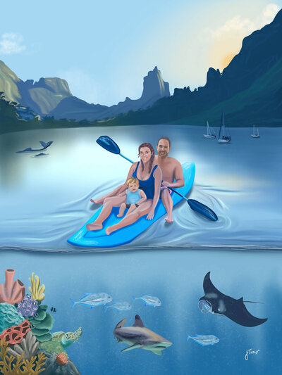 Illustrated portrait of parents and son sitting on a kayak in Cooks Bay, with sailboats, mountains and whales behind them and fish, reef shark, turtle and rays beneath