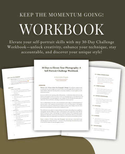 Workbook cover for Shannon Kathleen’s 30-day self-portrait challenge, offering daily photo prompts to inspire creativity and consistency for photographers.