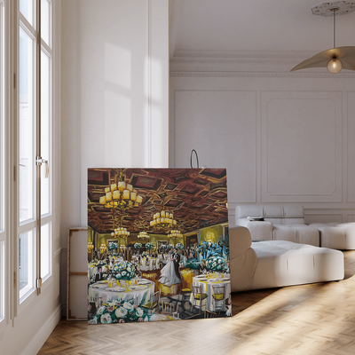 Large canvas painting of wedding wedding reception sitting on floor of NYC apartment