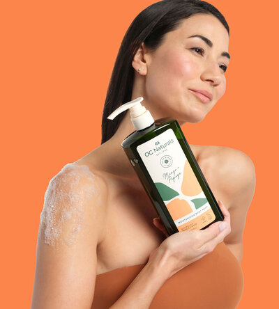 Group image of packaging design for body wash range for OC Naturals with bright abstract shapes in background