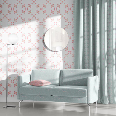 Living room with pink and white patterned wallpaper