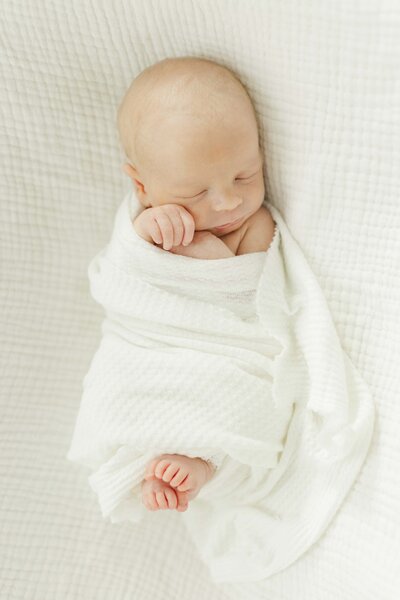newborn is wrapped in white swaddle for family portraits