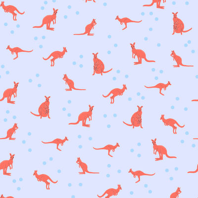 Kangaroo repeating pattern by Skye McNeill from the collection Australian Summer. The print features illustrated kangaroos in different positions. The kangaroos are bright coral pink and the background is twilight blue with blue polka dots.
