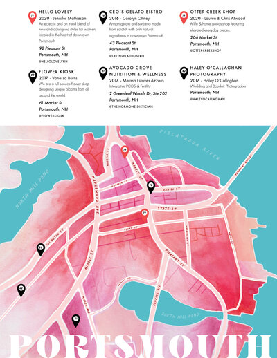 A page from our women-owned map and guide, featuring downtown Portsmouth New Hampshire, this hand illustrated guide has served as a local resource and marketing platform for entrepreneurs and small businesses across the NH seacoast.