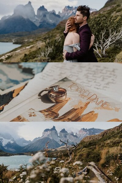 Photo collage of eloping couple on top of the Zugspitze, an emerald wedding ring sitting on moss and castle Neuschwanstein on a misty fall morning