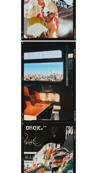 Photobooth film strip with three pictures of collages and a subway window view of NYC