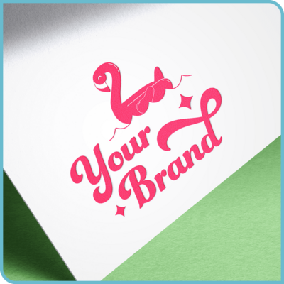 A pink logo featuring an illustration of a flamingo pool float and "Your Brand" in a bold script font embossed on a white card