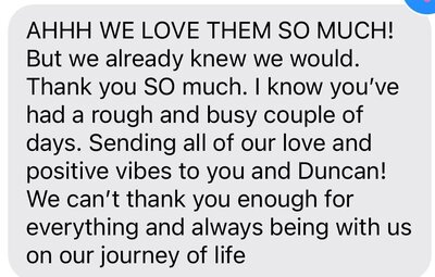 text from client to photographer saying how much they love their photos and thanking them