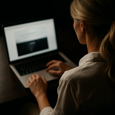 Over the shoulder view of a MacBook laptop and notebook in use during business planning