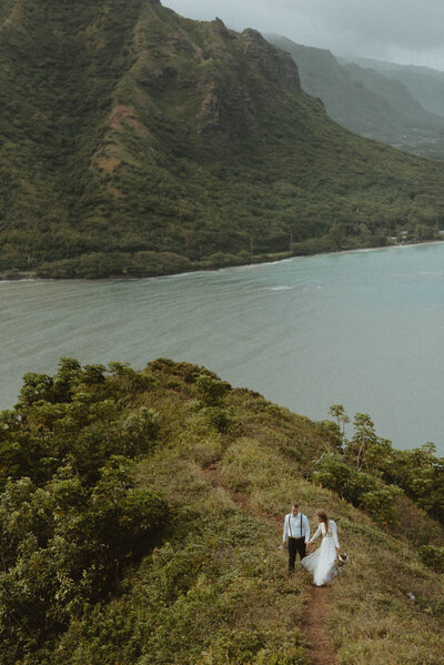 bride and groom standing on windy cliff