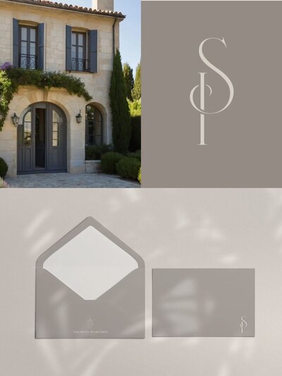 Branding applications for Seraphina Interiors featuring a French-style stone façade and stationery suite in Mink Gray with delicate monogram and tagline—capturing the refined charm of Paris & Provence living.