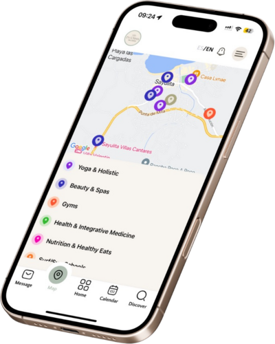 Mobile preview of the EnForma App showing Interactive map with links to Google maps