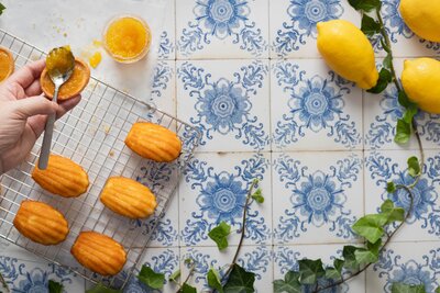 Fresh baked goods on blue and white French tiles