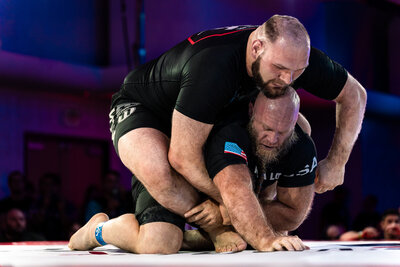 Two men grappling at F2W