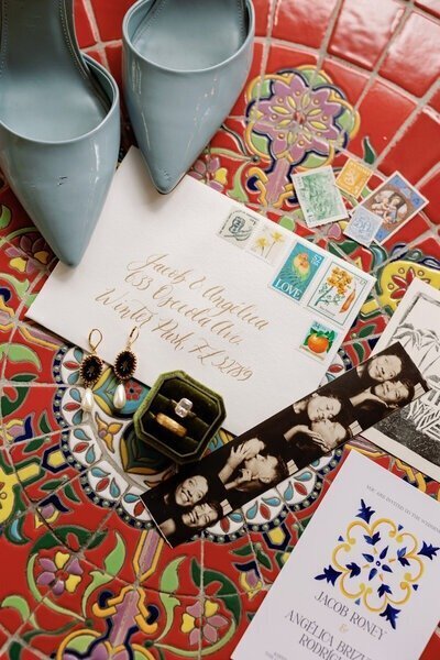 Colorful flatlay of wedding details photographed by Puerto Rico photographer

