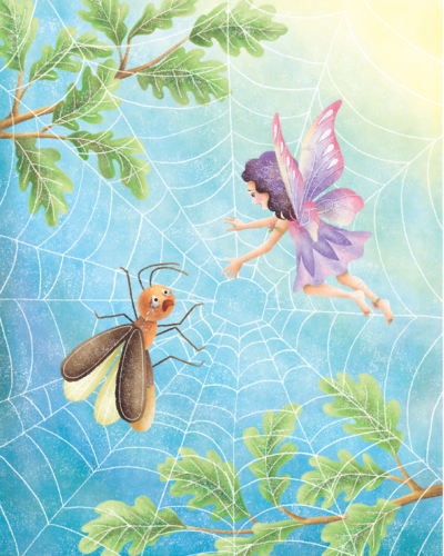 Illustration of a fairy helping a firefly out of a spider web