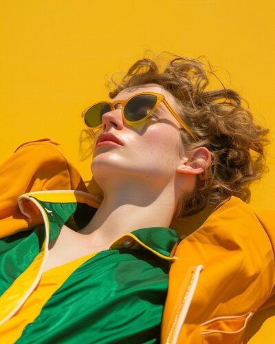 A stylish woman reclines against a vibrant yellow background, wearing a bold green and orange outfit paired with chic yellow sunglasses. Her relaxed pose and sunlit expression capture the carefree joy and colorful experiences made possible through vacation fundraising for charities.