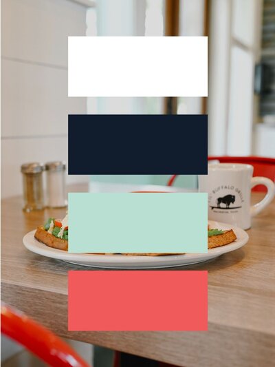  Brand color swatches for Lil' Buffalo Grille overlaid on a styled breakfast scene. Palette includes white, navy, mint green, and coral red.