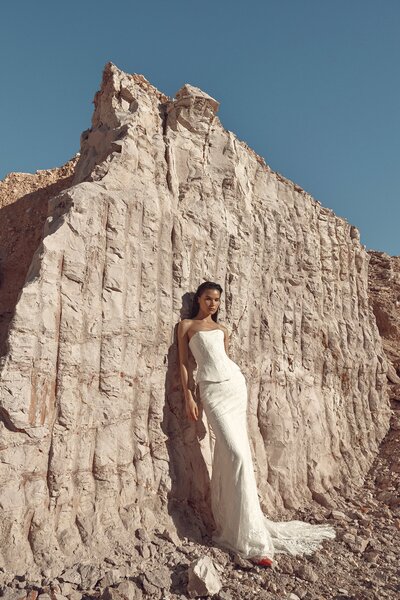 KYHA BRIDE 'October' and 'Clover' stocked at Sunday's Bride London, UK. Moving forward with an iconic noughties throwback. A fit and flare skirt crafted from an understated bright ivory lace over soft layers of blush nude lining, Clover serves translucency and lightness at every step. Pair with KYHA BRIDE 'Clover' with KYHA BRIDE 'October' to complete your Y2K-inspired minimalist moment.