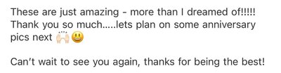 email message from client to photographer saying she's the best and wants to do anniversary photos next