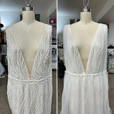 Side-by-side close-ups of a deep V-neck wedding dress before and after adjustments