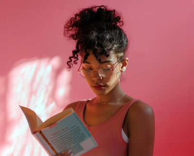 young black girl with glasses and pink top reading in a warm light on a pink backdrop