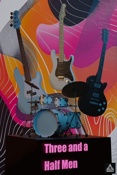 A band poster features three electric guitars and a drum set on a stage with a vibrant, abstract background of swirling orange, pink, and black patterns. Representing Three and a Half Men vendor profile for the Crush Collective wedding show.