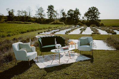 A stylish outdoor lounge setup in a scenic field with a green velvet loveseat, two white armchairs, gold-accented tables, candles, books, and floral decor, creating an elegant and cozy seating area.