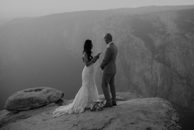 Bride stands in Yosemite in her wedding attire