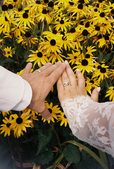 Detail shot of wedding bands on couple’s hands surrounded by colorful flowers.