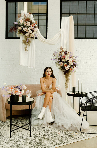 bride hanging out in her lounge on wedding day