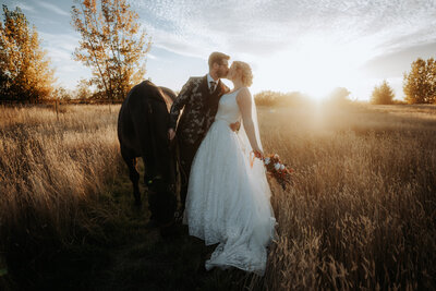 bride and groom kiss at sunset in a field with a horse in Duchess Alberta