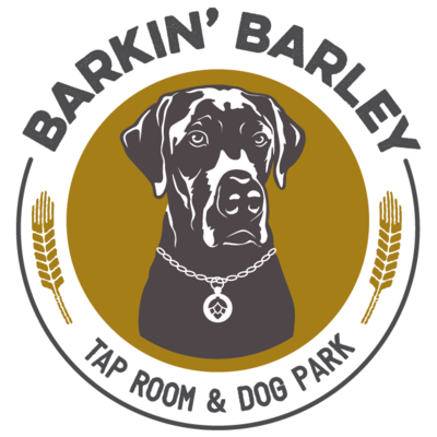 The logo for Barkin' Barley, a black dog on a mustard yellow circular background with the words Barkin' Barkley arched over the top and "tap room & dog park" at the bottom.
