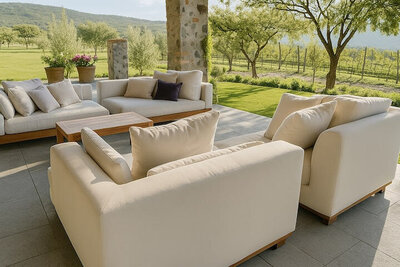 Cozy covered lounge area at Casa Barragán with cream sofas, wooden coffee table, and views of green fields and trees