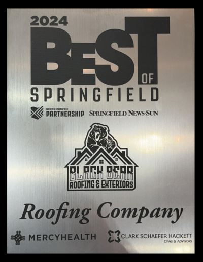 2024 Best of Springfield award plaque for Black Bear Roofing & Exteriors, top-rated roofing company.