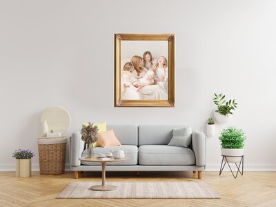 Veritcal gold frame canvas on a black wall ideas for your home by Raleigh family photographer A.J. Dunlap Photography.