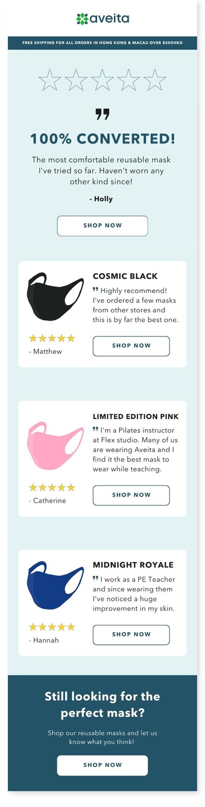 Effective E-commerce Email Marketing and eDM Design for Aveita Limited Showcasing Customer Reviews with High Conversion Rate.
